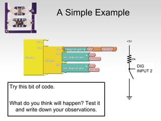 A Simple Example

DIG
INPUT 2

Try this bit of code.
What do you think will happen? Test it
and write down your observations.

 