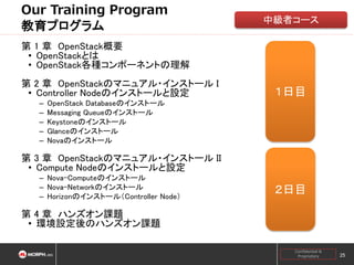 Our Training Program
教育プログラム

中級者コース

第 1 章 OpenStack概要
• OpenStackとは
• OpenStack各種コンポーネントの理解
第 2 章 OpenStackのマニュアル・インストール I
• Controller Nodeのインストールと設定
–
–
–
–
–

１日目

OpenStack Databaseのインストール
Messaging Queueのインストール
Keystoneのインストール
Glanceのインストール
Novaのインストール

第 3 章 OpenStackのマニュアル・インストール II
• Compute Nodeのインストールと設定
– Nova-Computeのインストール
– Nova-Networkのインストール
– Horizonのインストール（Controller Node）

２日目

第 4 章 ハンズオン課題
• 環境設定後のハンズオン課題
Confidential &
Proprietary

25

 