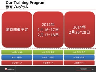 Our Training Program
教育プログラム

随時開催予定

2014年
1月16~17日
2月17~18日

2014年
2月26~28日

ハンズオンなし

ハンズオンあり

ハンズオンのみ

無料（2時間）

10万円（2日間）

25万円（3日間）

初心者コース

中級者コース

上級者コース
Confidential &
Proprietary

27

 