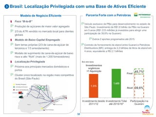 3

Brasil: Localização Privilegiada com uma Base de Ativos Eficiente
Parcería Forte com a Petrobras

Modelo de Negócio Eficiente
§

Foco “B-to-B”

P
P

Produção de açúcares de maior valor agregado

§

Modelo de Baixo Capital Empregado

P

Sem terras próprias (2/3 de cana-de-açúcar de
terceiros e 1/3 arrendamento)

P Veículo exclusivo da PBio para desenvolvimento no estado de
São Paulo. Investimento de R$1,6 bilhão da PBio na Guarani
em 5 anos (R$1.315 milhões já investidos para atingir uma
participação de 39,6% na Guarani)

2/3 do ATR vendido no mercado local para clientes
globais

P

Distribuidora (BR): entrega de 2,2 bilhões de litros de etanol em
4 anos, equivalente a R$ 2,1 bilhões

Localização Privilegiada

P

P Contrato de fornecimento de etanol entre Guarani e Petrobras

Modelo de suprimento de cana-de-açúcar de baixo
risco e alto “RoA” (mais de 1.200 fornecedores)

§

P Outros 2 aportes programados até 2015

Próxima aos principais mercados domésticos e
portos

P

Em mm tons

Investimentos
orgânicos
+1 Aquisição
Final

Cluster único localizado na região mais competitiva
do Brasil (São Paulo)
1.315

1.600

Investimento desde Investimento Total
2011/12
até 2015/16*

32

Atual

45,7%
45,7%

39,6%

39,6%

Participação na
Guarani

 
