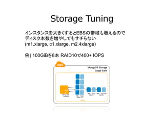 Storage Tuning
インスタンスを大きくするとEBSの帯域も増えるので
ディスク本数を増やしてもサチらない
(m1.xlarge, c1.xlarge, m2.4xlarge)
例) 100GiBを8本 RAID10で400+ IOPS

 