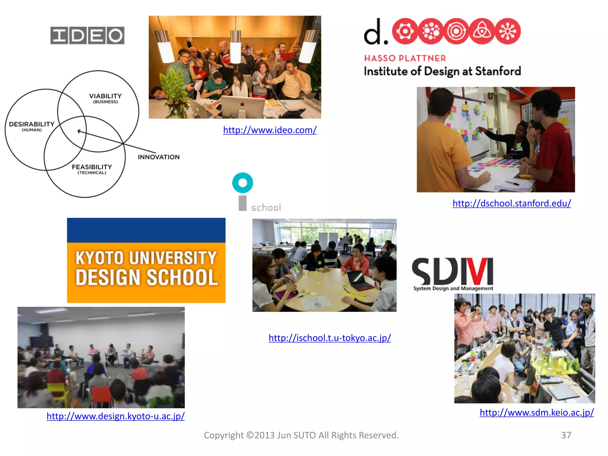 Copyright ©2013 Jun SUTO All Rights Reserved. 37 
http://dschool.stanford.edu/ http://ischool.t.u-tokyo.ac.jp/ 
http://www.sdm.keio.ac.jp/http://www.design.kyoto-u.ac.jp/ 
http://www.ideo.com/  