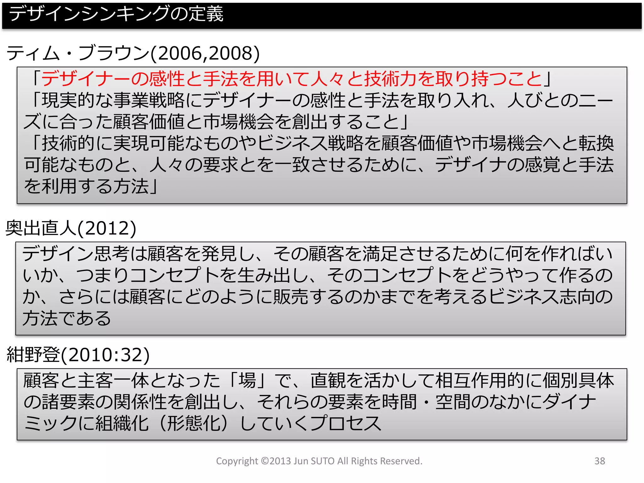 Copyright ©2013 Jun SUTO All Rights Reserved. 38 
「デザイナーの感性と手法を用いて人々と技術力を取り持つこと」 
「現実的な事業戦略にデザイナーの感性と手法を取り入れ、人びとのニー ズに合った顧客価値と市場機会を創出すること」 
「技術的に実現可能なものやビジネス戦略を顧客価値や市場機会へと転換 可能なものと、人々の要求とを一致させるために、デザイナの感覚と手法 を利用する方法」 
ティム・ブラウン(2006,2008) 
デザイン思考は顧客を発見し、その顧客を満足させるために何を作ればい いか、つまりコンセプトを生み出し、そのコンセプトをどうやって作るの か、さらには顧客にどのように販売するのかまでを考えるビジネス志向の 方法である 
奥出直人(2012) 
顧客と主客一体となった「場」で、直観を活かして相互作用的に個別具体 の諸要素の関係性を創出し、それらの要素を時間・空間のなかにダイナ ミックに組織化（形態化）していくプロセス 
紺野登(2010:32) 
デザインシンキングの定義  