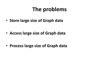 The problems
• Store large size of Graph data
• Access large size of Graph data
• Process large size of Graph data

 