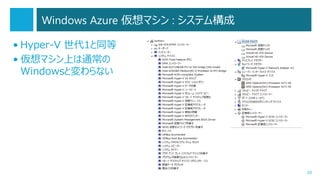 Windows Azure 仮想マシン : システム構成
• Hyper-V 世代1と同等
• 仮想マシン上は通常の
Windowsと変わらない

20

 