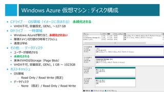 Windows Azure 仮想マシン : ディスク構成
• Cドライブ … OS領域（イメージに含まれる） 永続化される
• VHDX不可, 容量固定, GEN1, ～127 GB

• Dドライブ … 一時領域
• Windows Azureが割り当て、永続化されない
• 障害ドメイン切り替わり時等でフラッシュ
• 速度は早め

• その他 … データディスク
•
•
•
•

ユーザーが接続させる
永続化される
実体のVHDはStorage（Page Blob）
VHDX不可, 容量固定, GEN1, 1 GB ～ 1023GB

• ホストキャッシュ
• OS領域
– Read Only / Read Write (既定)
• データディスク
– None （既定）/ Read Only / Read Write

21

 