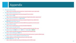 Appendix
•

Windows Azure Pack
•

•

Windows Azure のトラスト センター
•

•

http://www.microsoft.com/ja-jp/business/enterprise/cp/azure-system/default.aspx

Windows Azure Cross Platform Command Line
•

•

http://msdn.microsoft.com/ja-jp/windowsazure/dn194020.aspx

Windows Azure Backup 評価ガイド
•

•

http://www.windowsazure.com/en-us/documentation/scripts/?fb=ja-jp

Windows Azure 自習書シリーズ - 仮想マシン (IaaS) 編 ※オススメ
•

•

http://www.windowsazure.com/ja-jp/support/legal/sla/

Windows Azure Script Center
•

•

http://ayakotan.wordpress.com/2013/06/03/usa-patriot-act-and-azure/

Windows Azure のSLA
•

•

http://www.windowsazure.com/ja-jp/support/legal/privacy-statement/

米国愛国者法とWindows Azure
•

•

http://www.windowsazure.com/ja-jp/support/legal/subscription-agreement/

Windows Azure のプライバシーに関する声明
•

•

http://www.windowsazure.com/ja-jp/support/trust-center/

Windows Azure 契約
•

•

http://www.microsoft.com/ja-jp/server-cloud/windows-azure-pack.aspx

https://github.com/WindowsAzure/azure-sdk-tools-xplat

VPN接続 検証済みルーター一覧
•

http://msdn.microsoft.com/ja-jp/windowsazure/dn132612.aspx

53

 