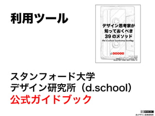 利用ツール

スタンフォード大学
デザイン研究所（d.school）

公式ガイドブック
(社)デザイン思考研究所

 