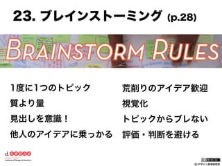 23. ブレインストーミング

(p.28)

1度に1つのトピック

荒削りのアイデア歓迎

質より量

視覚化

見出しを意識！

トピックからブレない

他人のアイデアに乗っかる

評価・判断を避ける

(社)デザイン思考研究所

 