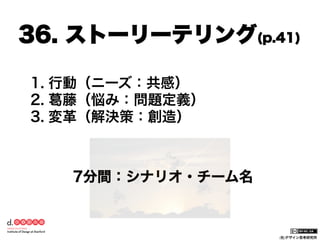 36. ストーリーテリング(p.41)
1.  行動（ニーズ：共感）
2.  葛藤（悩み：問題定義）
3.  変革（解決策：創造）

   7分間：シナリオ・チーム名
 
(社)デザイン思考研究所

 