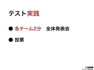 テスト実践
● 各チーム2分 全体発表会
● 投票

(社)デザイン思考研究所

 