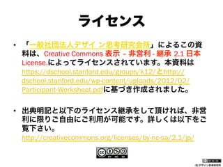 ライセンス
•  「一般社団法人デザイ ン思考研究会所」によるこの資
料は、Creative Commons 表示 – 非営利 - 継承 2.1 日本
License.によってライセンスされています。本資料は
https://dschool.stanford.edu/groups/k12/とhttp://
dschool.stanford.edu/wp-content/uploads/2012/02/
Participant-Worksheet.pdfに基づき作成されました。
•  出典明記と以下のライセンス継承をして頂ければ、非営
利に限りご自由にご利用が可能です。詳しくは以下をご
覧下さい。
http://creativecommons.org/licenses/by-nc-sa/2.1/jp/

(社)デザイン思考研究所

 