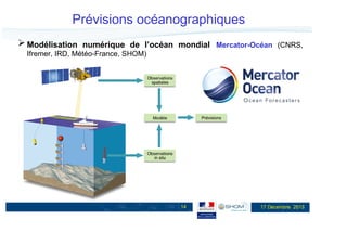Prévisions océanographiques
Modélisation numérique de l’océan mondial Mercator-Océan (CNRS,
Ifremer, IRD, Météo-France, SHOM)

14

17 Décembre 2013

 