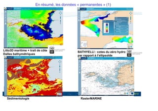 En résumé, les données « permanentes » (1)

Litto3D maritime + trait de côte
Dalles bathymétriques

BATHYELLI : cotes du zéro hydro
par rapport à l’ellipsoïde

8

Sédimentologie

RasterMARINE

17 Décembre 2013

 