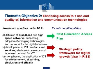 Thematic Objective 2: Enhancing access to + use and
quality of, information and communication technologies
Investment priorities under TO 2:
a) diffusion of broadband and high
speed networks, supporting
adoption of emerging technologies
and networks for the digital economy
b) development of ICT products and
services, electronic commerce and
increased demand for ICT
c) strengthening the application of ICT
for eGovernment, eLearning,
eInclusion and eHealth

Ex ante conditionalities:

Next Generation Access
Plan
Strategic policy
framework for digital
growth (also in RIS3)

 