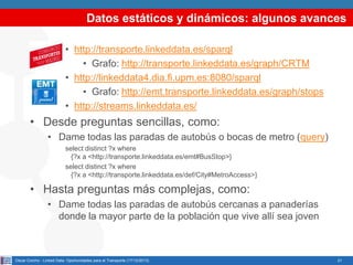 Datos estáticos y dinámicos: algunos avances
• http://transporte.linkeddata.es/sparql
• Grafo: http://transporte.linkeddata.es/graph/CRTM
• http://linkeddata4.dia.fi.upm.es:8080/sparql
• Grafo: http://emt.transporte.linkeddata.es/graph/stops
• http://streams.linkeddata.es/

• Desde preguntas sencillas, como:
• Dame todas las paradas de autobús o bocas de metro (query)
select distinct ?x where
{?x a <http://transporte.linkeddata.es/emt#BusStop>}
select distinct ?x where
{?x a <http://transporte.linkeddata.es/def/City#MetroAccess>}

• Hasta preguntas más complejas, como:
• Dame todas las paradas de autobús cercanas a panaderías
donde la mayor parte de la población que vive allí sea joven

Oscar Corcho - Linked Data: Oportunidades para el Transporte (17/12/2013)

21

 