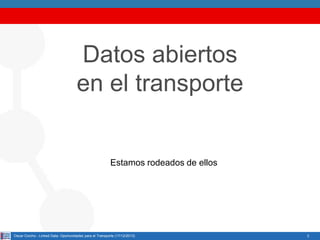 Datos abiertos
en el transporte

Estamos rodeados de ellos

Oscar Corcho - Linked Data: Oportunidades para el Transporte (17/12/2013)

3

 