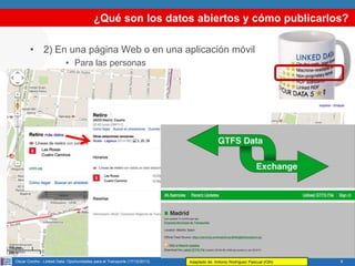 ¿Qué son los datos abiertos y cómo publicarlos?
• 2) En una página Web o en una aplicación móvil
• Para las personas

Oscar Corcho - Linked Data: Oportunidades para el Transporte (17/12/2013)

Adaptado de: Antonio Rodríguez Pascual (IGN)

6

 