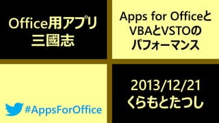Office用アプリ
三國志
#AppsForOffice

#AppsForOffice

Apps for Officeと
VBAとVSTOの
パフォーマンス
Office用アプリ三國志/くらもとたつし (@ta2c)

2013/12/21
くらもとたつし

[1]

 