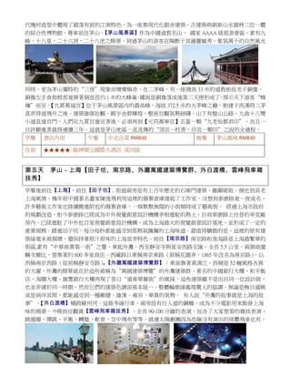 代幾何造型中體現了錯落有致的江南特色，為一座集現代化館舍建築、古建築與創新山水園林三位一體
的綜合性博物館。專車前往茅山。
【茅山風景區】作為中國道教名山， 國家 AAAA 級旅游景區，素有九
峰，十八泉，二十六洞，二十八池之勝景。到過茅山的游客在陶醉于其鍾靈毓秀、紫氣萬千的自然風光

同時，更為茅山獨特的“三怪”現象而嘖嘖稱奇。在二茅峰，有一座總高 33 米的道教始祖老子銅像，
銅像左手食指根部竟掛著個直徑约 1 米的大蜂巢 據說是銅像落成後第二天便形成了 預示天下游客“蜂
，
，
擁”而至。
【九霄萬福宫】位于茅山風景區内的最高峰，海拔 372.5 米的大茅峰之巅，始建于西漢時三茅
真君得道飛升之後。建築雄偉壯觀，殿宇金碧輝煌，整座宫觀氣勢磅礴，山下有盤山公路、九曲十八彎
小道直達宫門。人們在九霄宫進完香後，必須再到【元符萬寧宫】去蓋一顆“九老仙都君印”，而且一
旦許願進香就得連續三年。這就是茅山地區一直流傳的“頂宮一柱香，印宮一顆印”之說的全過程。
早餐

酒店內用

午餐

中式合菜 RMB30

住宿

晚餐

茅山風味 RMB30

★★★★★ 餘坤開元國際大酒店 或同級

第五天 茅山－上海【田子坊、南京路、外灘萬國建築博覽群、外白渡橋、雲峰飛車雜
技秀】
早餐後前往【上海】
，前往【田子坊】
，街道兩旁是有上百年歷史的石庫門建築，雖顯破敗，倒也別具老
上海風情。幾年前中國著名畫家陳逸飛利用這裡的廢棄倉庫建起了工作室，沒想到泰康路竟一夜成名，
許多藝術工作家也陸續搬進附近的廢棄倉庫，一條默默無聞的小街頓時成了藝術街， 經過上海市政府
的規劃改造，如今泰康路已經成為中外視覺創意設計機構爭相進駐的熱土，目前泰康路上往昔的弄堂廠
房內，已經進駐了中外近百家視覺創意設計機構，成為上海最大的視覺創意設計基地，並形成了一定的
產業規模。踏進田子坊，每分每秒都能感受到那熱氣騰騰的上海味道。最值得驕傲的是，這裡的原有建
築絲毫未被損壞，還保持著原汁原味的上海里弄特色。前往【南京路】南京路和淮海路是上海最繁華的
街區,素有“中華商業第一街”之譽，東起外灘，西至靜安寺與延安西路交匯，全長 5.5 公里，兩側商廈
鱗次櫛比，雲集著約 600 多家商店。西藏路以東稱南京東路（原稱花園弄，1865 年改名為南京路）
，以
西稱南京西路（從前稱靜安寺路）【外灘萬國建築博覽群】：東面靠著黃浦江，西側是 52 幢風格各異
。
的大廈，外灘的精華就在於這些被稱為“萬國建築博覽”的外灘建築群。著名的中國銀行大樓、和平飯
店、海關大樓、匯豐銀行大樓再現了昔日“遠東華爾街”的風採，這些建築雖不是出自同一位設計師，
也並非建於同一時期，然而它們的建築色調卻基本統一，整體輪廓線處理驚人的協調。無論是極目遠眺
或是徜徉其間，都能感受到一種剛健、雄渾、雍容，華貴的氣勢。 有人說“外灘的故事就是上海的故
事”。
【外白渡橋】橫跨蘇州河，這條多線行車，兩旁設有行人道的鋼橋，成為不少電影用來散發上海
味的場景。今晚前往觀賞【雲峰飛車雜技秀】，全長 90-100 分鐘的表演，包含了大家想看的雜技表演，
跳圈圈，彈跳，平衡，轉盤，軟骨，空中飛布等等，就連太陽劇團因為危險沒有演出的球體飛車也有。

 