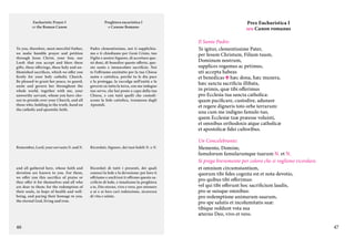 Eucharistic Prayer I
or the Roman Canon

Preghiera eucaristica I
o Canone Romano

To you, therefore, most merciful Father,
we make humble prayer and petition
through Jesus Christ, your Son, our
Lord: that you accept and bless these
gifts, these offerings, these holy and unblemished sacrifices, which we offer you
firstly for your holy catholic Church.
Be pleased to grant her peace, to guard,
unite and govern her throughout the
whole world, together with me, your
unworthy servant, whom you have chosen to preside over your Church, and all
those who, holding to the truth, hand on
the catholic and apostolic faith.

Padre clementissimo, noi ti supplichiamo e ti chiediamo per Gesù Cristo, tuo
Figlio e nostro Signore, di accettare questi doni, di benedire queste offerte, questo santo e immacolato sacrificio. Noi
te l’offriamo anzitutto per la tua Chiesa
santa e cattolica, perché tu le dia pace
e la protegga, la raccolga nell’unità e la
governi su tutta la terra, con me indegno
tuo servo, che hai posto a capo della tua
Chiesa, e con tutti quelli che custodiscono la fede cattolica, trasmessa dagli
Apostoli.

Remember, Lord, your servants N. and N.

Ricordati, Signore, dei tuoi fedeli N. e N.

and all gathered here, whose faith and
devotion are known to you. For them,
we offer you this sacrifice of praise or
they offer it for themselves and all who
are dear to them: for the redemption of
their souls, in hope of health and wellbeing, and paying their homage to you,
the eternal God, living and true.

Ricordati di tutti i presenti, dei quali
conosci la fede e la devozione: per loro ti
offriamo e anch’essi ti offrono questo sacrificio di lode, e innalzano la preghiera
a te, Dio eterno, vivo e vero, per ottenere
a sé e ai loro cari redenzione, sicurezza
di vita e salute.

46

Prex Eucharistica I
seu Canon romanus
Il Santo Padre:
Te igitur, clementissime Pater,
per Iesum Christum, Filium tuum,
Dominum nostrum,
supplices rogamus ac petimus,
uti accepta habeas
et benedicas c hæc dona, hæc munera,
hæc sancta sacrificia illibata,
in primis, quæ tibi offerimus
pro Ecclesia tua sancta catholica:
quam pacificare, custodire, adunare
et regere digneris toto orbe terrarum:
una cum me indigno famulo tuo,
quem Ecclesiæ tuæ præesse voluisti,
et omnibus orthodoxis atque catholicæ
et apostolicæ fidei cultoribus.
Un Concelebrante:
Memento, Domine,
famulorum famularumque tuarum N. et N.
Si prega brevemente per coloro che si vogliono ricordare.
et omnium circumstantium,
quorum tibi fides cognita est et nota devotio,
pro quibus tibi offerimus:
vel qui tibi offerunt hoc sacrificium laudis,
pro se suisque omnibus:
pro redemptione animarum suarum,
pro spe salutis et incolumitatis suæ:
tibique reddunt vota sua
æterno Deo, vivo et vero.
47

 