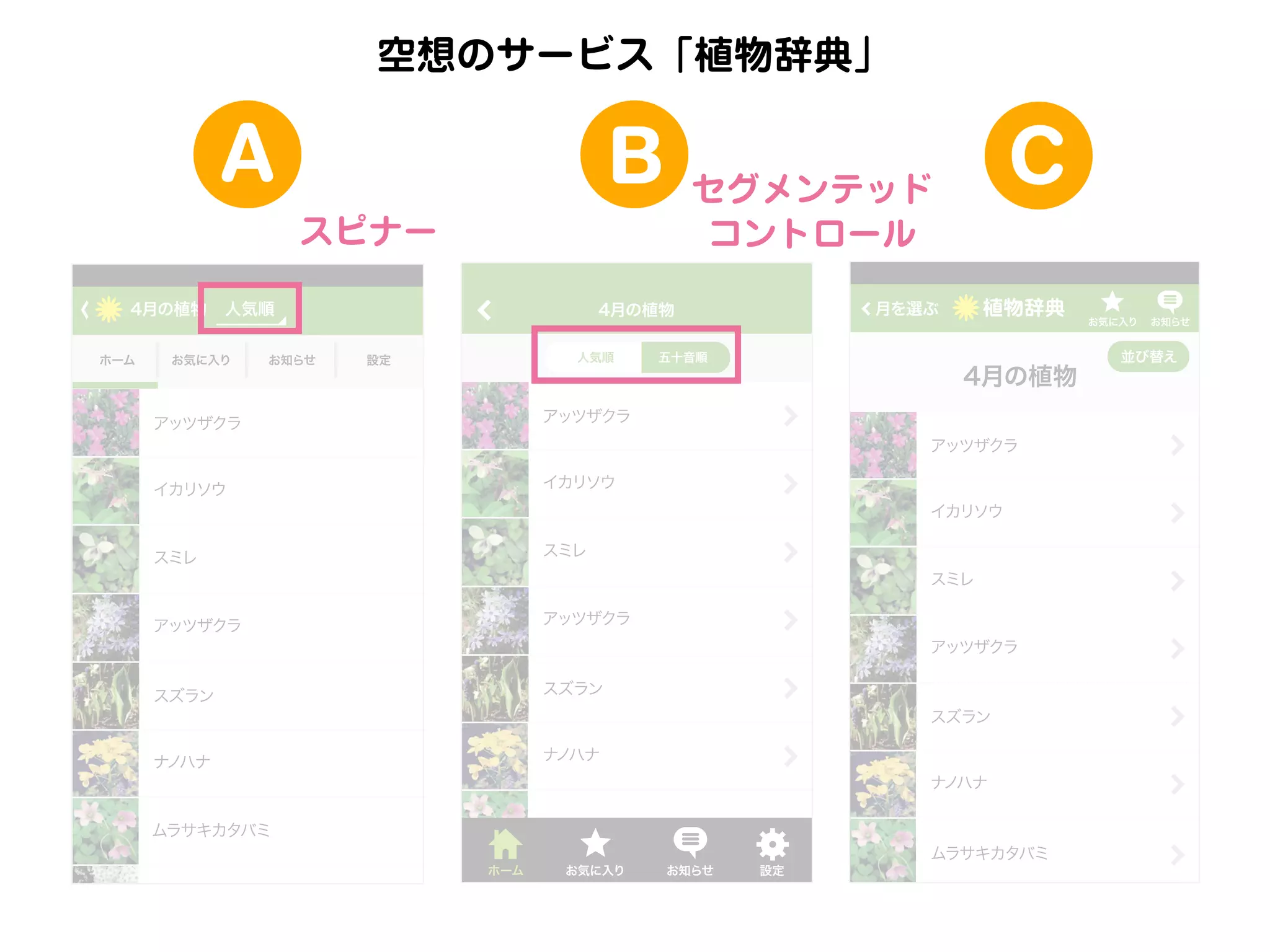 空想のサービス「植物辞典」

A

B
スピナー

4月の植物
ホーム

人気順

お気に入り

お知らせ

人気順

アッツザクラ

スミレ

アッツザクラ

アッツザクラ

スズラン

スズラン

ナ
ノハナ

4月の植物

イカリソウ

スミレ

五十音順

アッツザクラ

イカリソウ

植物辞典

月を選ぶ

4月の植物
設定

C

セグメンテッド
コントロール

ナ
ノハナ

アッツザクラ
イカリソウ
スミレ
アッツザクラ

スズラン
ナ
ノハナ

ムラサキカタバミ
ホーム

お気に入り

お知らせ

設定

ムラサキカタバミ

お気に入り

お知らせ

並び替え

 