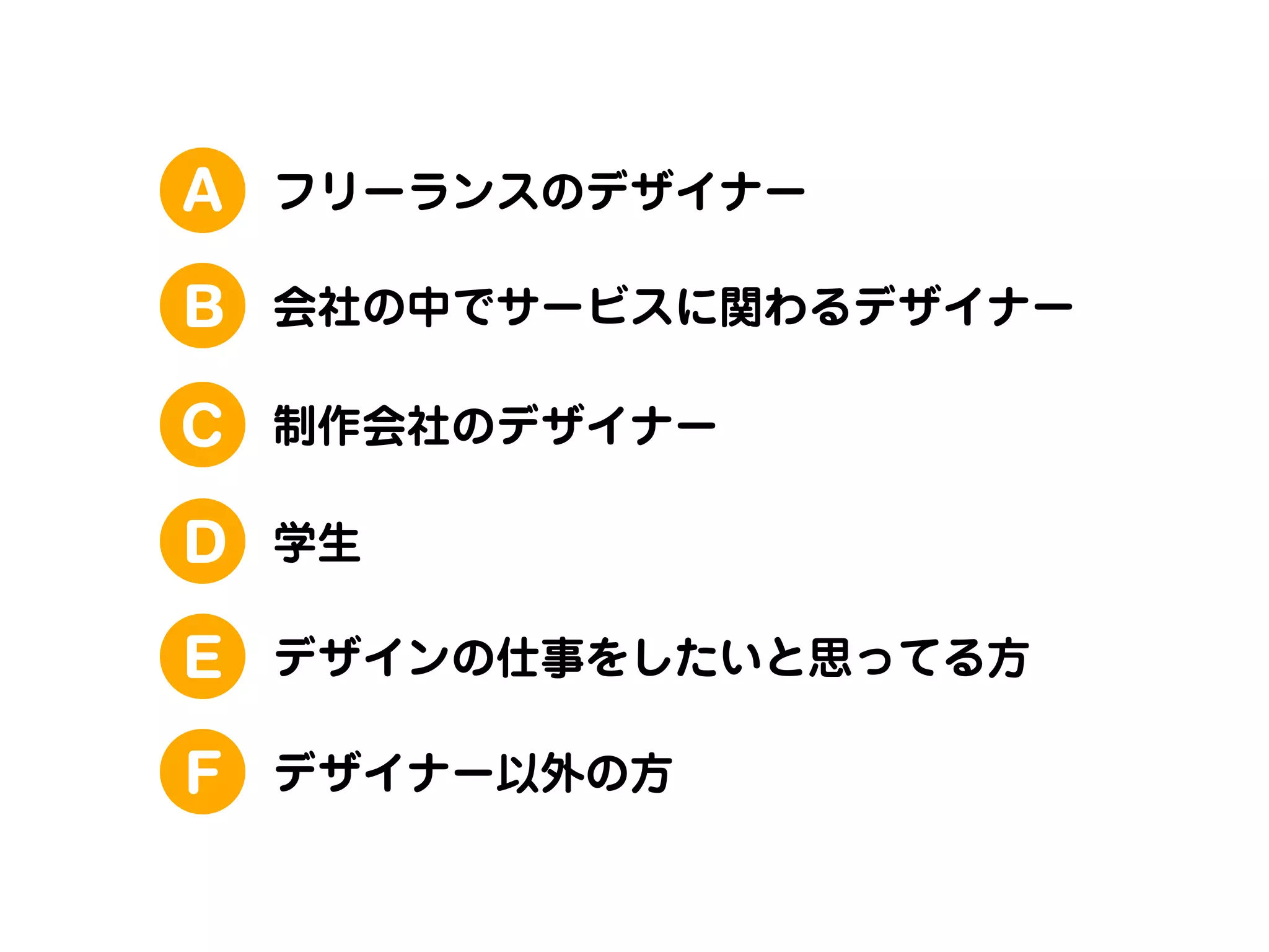 A

フリーランスのデザイナー

B

会社の中でサービスに関わるデザイナー

C

制作会社のデザイナー

D

学生

E

デザインの仕事をしたいと思ってる方

F

デザイナー以外の方

 