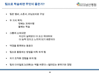 팀으로 학습하면 무엇이 좋은가?



팀은 멤버, 스폰서, 러닝코치로 구성



두 가지 목적:
첫째는 과제수행
둘째는 학습



그룹에 소속되면
자신이 실제보다 더 크고 위대하며
더 능력 있다고 느끼게 되기 때문이다



역경을 함께하는 동료다



팀으로 활동하는 방법을 터득 하게 됨



자기 조직화 경험을 하게 됨



팀의 다이얼로그(대화)는 벽을 허문다—열려있는 분위기와 경청

26

 