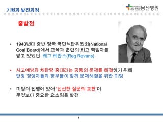 기원과 발전과정

출발점

• 1940년대 중반 영국 국민석탄위원회(National
Coal Board)에서 교육과 훈련의 최고 책임자를
맡고 있었던 레그 레반스(Reg Revans)
• 사고예방과 채탄량 증대라는 공동의 문제를 해결하기 위해
탄광 경영자들과 광부들이 함께 문제해결을 위한 미팅
• 미팅의 진행에 있어 '신선한 질문의 교환'이
무엇보다 중요한 요소임을 발견

5

 