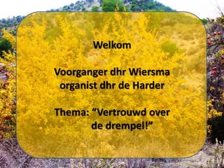 Welkom
Voorganger dhr Wiersma
organist dhr de Harder
Thema: “Vertrouwd over
de drempel!”

 