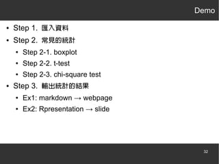 Demo
●

Step 1. 匯入資料

●

Step 2. 常見的統計
●
●

Step 2-2. t-test

●

●

Step 2-1. boxplot
Step 2-3. chi-square test

Step 3. 輸出統計的結果
●

Ex1: markdown → webpage

●

Ex2: Rpresentation → slide

32

 