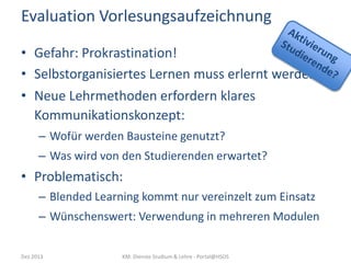 Evaluation Vorlesungsaufzeichnung
• Gefahr: Prokrastination!
• Selbstorganisiertes Lernen muss erlernt werden!
• Neue Lehrmethoden erfordern klares
Kommunikationskonzept:
– Wofür werden Bausteine genutzt?
– Was wird von den Studierenden erwartet?

• Problematisch:
– Blended Learning kommt nur vereinzelt zum Einsatz
– Wünschenswert: Verwendung in mehreren Modulen
Dez 2013

KM: Dienste Studium & Lehre - Portal@HSOS

 