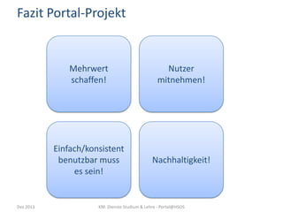 Fazit Portal-Projekt

Mehrwert
schaffen!

Einfach/konsistent
benutzbar muss
es sein!

Dez 2013

Nutzer
mitnehmen!

Nachhaltigkeit!

KM: Dienste Studium & Lehre - Portal@HSOS

 