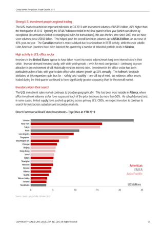 Global Market Perspective, Fourth Quarter 2013

Strong U.S. investment propels regional trading
The U.S. market reached an important milestone in Q3 2013 with investment volumes of US$55 billion, 49% higher than
the third quarter of 2012. Ignoring the US$67 billion recorded in the final quarter of last year (which was driven by
exceptional circumstances linked to changing tax rules for transactions), this was the first time since 2007 that we have
seen volumes pass US$50 billion. This helped push the overall Americas volumes up to US$63 billion, an increase of
43% year-on-year. The Canadian market is more subdued due to a slowdown in REIT activity, while the ever volatile
Latin American countries have been boosted this quarter by a number of industrial portfolio deals in Mexico.
High activity in U.S. office sector
Investors in the United States appear to have taken recent increases in benchmark long-term interest rates in their
stride. Investor demand remains sturdy, with wide yield spreads – even for most core product - continuing to prove
attractive in an environment of still historically very low interest rates. Investment in the office sector has been
particularly active of late, with year-to-date office sales volume growth up 32% annually. The hallmark ‘desirable
attributes’ of this expansion cycle thus far – ‘safety’ and ‘stability’ – are still top of mind. As evidence, office assets
traded during the third quarter continued to have significantly greater occupancy than for the overall market.
Investors widen their search
The U.S. investment sales market continues to broaden geographically. This has been most notable in Atlanta, where
office investment volumes so far have surpassed each of the prior two years by more than 50%. As robust demand and,
in some cases, limited supply have pushed up pricing across primary U.S. CBDs, we expect investors to continue to
search for yield across suburban and secondary markets.
Direct Commercial Real Estate Investment – Top Cities in YTD 2013
London
New York
Tokyo
Paris
Los Angeles
Singapore
Washington DC
Chicago
Beijing
Hong Kong
Seoul
Dallas
Shanghai

Americas
EMEA
Asia Pacific

Houston
Boston
Atlanta
Seattle
Silicon Valley
Toronto

US$ billions

Stockholm

0

5

10

15

20

25

Source: Jones Lang LaSalle, October 2013

COPYRIGHT © JONES LANG LASALLE IP, INC. 2013. All Rights Reserved

12

 
