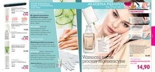 18931 Morning Dew 18932 Soft Pink
makijaż
3534
Wyjątkowa
OFERTA NA POCZĄTEK
teraz tylko
Mocznik
Składnik aktywny,
znany z wyjątkowych
właściwości, dzięki którym
zmiękcza skórę i pozwala
zachować odpowiedni
poziom jej nawilżenia.
Jest jednym
z trzech naturalnych
czynników nawilżających,
występujących
w zewnętrznych
warstwach zdrowej skóry.
Wieczorem, na
oczyszczonej
powierzchni paznokci
rozprowadź jedną
warstwę maseczki.
Pozostaw maseczkę
na płytce paznokci do
rana.Wstrzymaj się od
mycia rąk bezpośrednio
po jej zastosowaniu.
Pozostałości maseczki
zmyj z paznokci
używając wody i mydła.
Overnight Nail Mask
Całonocna maseczka do paznokci
Stworzona na bazie wody, odżywcza maseczka
do suchych, łamiących się i pozbawionych
witalności paznokci. Wzbogacona
nawilżającym mocznikiem, sprawia,
że paznokcie stają się mocniejsze,
gładsze i bardziej elastyczne. 7 ml
2128,57/l
26631 22,00
14,90
Wzmocnij nocne
procesy regeneracyjne
Powitaj zdrowsze paznokcie, zaraz po przebudzeniu. Pierwsza intensywnie
nawilżająca maseczka do paznokci w Oriﬂame nawilża je i kondycjonuje,
podczas gdyTy korzystasz z upiększającego działania snu.
NOWOŚĆ
Oriﬂame Beauty Growth Booster
Olejek stymulujący wzrost
paznokci Oriﬂame Beauty
7 ml
3142,86
13617 22,00
Nail Whitener
Preparat wybielający paznokcie
7 ml
2271,43/l
24696 24,00
15,90
Oriﬂame Beauty Nail Buffer
Polerka do paznokci Oriﬂame
Beauty
Wymiary: 20 x 15 x 179 mm.
20657 15,00
9,90
Oriﬂame Beauty
Crystal Base & Top Coat
Emalia 2 w 1 Oriﬂame Beauty
7 ml
2128,57/l
18927 22,00
14,90
Oriﬂame Beauty French Manicure
Emalia do francuskiego manicure
Oriﬂame Beauty
7 ml
2714,29/l
19,00
NOCNA REGENERACJA:
ZADBAJ O ODPOWIEDNIĄ
ILOŚĆ SNU!
W CIĄGU DNIA…
By zapewnić paznokciom
nawilżenie od wewnątrz,
spożywaj owoce i warzywa o dużej
zawartości wody, takie jak ogórki,
arbuzy i jabłka.
Jak to działa?Twoje ciało
(również paznokcie) jest
lepiej nawilżone i uwalnia silne
antyoksydanty zwalczające wolne
rodniki, podczas gdyTy śpisz.
PRZED SNEM…
Nawilżaj paznokcie od zewnątrz.
Zastosuj odżywczy balsam/krem do rąk,
a następnie nałóż na dłonie parę miękkich
rękawiczek.
Jak działają? Dłonie w rękawiczkach
wydzielają ciepło, przez co krem
nagrzewa się i jest lepiej wchłaniany przez
skórę dłoni i paznokcie. Rano przekonasz
się, żeTwoja skóra jest bardziej miękka.
Zapewnij dłoniom profesjonalną pielęgnację
przy użyciu NOWYCH rękawiczek do
nawilżania (str. 84) oraz skoncentrowanego
kremu odżywczego do rąk (str. 90).
AKADEMIA PIĘKNYCH
PAZNOKCI
 