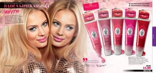 26496 Clover Haze
26497 Pink Blush
26498 Soft Coral 26499 Cerise
26500 Hot Red
veryme
111110
NIESAMOWITY POŁYSK!
INTENSYWNE ODCIENIE
Very Me Mirror Gloss
Błyszczyk do ust Very Me Mirror
Efekt lustrzanego odbicia na Twoich ustach!
Piękne, intensywne odcienie, pełne pokrycie
i połysk, który nie ma sobie równych – idealny
wybór dla kobiety, która lubi błyszczeć
w towarzystwie! 10 ml 1190,00/l
18,00
11,90
„Idealne,jeśli chcesz
uzyskać efekt WOW!”
Frédérique, Ekspert ds.
kosmetyków do makijażu
2649626496
Pink Blush
NOWOŚĆ
Makijaż modelki: Błyszczyk
do ust Mirror 26497 Pink Blush.
BY ORIFLAME
Lustereczko,powiedz przecie…
Kto jest najpiękniejszy na świecie?
Przekonaj się,jaka siła kryje się
w umiejętnym makijażu i spójrz
na swoje nowe lustrzane odbicie.
Poznajesz tę zjawiskową piękność?
BĄDŹ NAJPIĘKNIEJSZA
W KRYSZTAŁOWEJ TAFLI
 