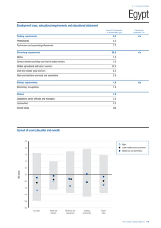 The Human Capital Report | 179
2.1: Country Profiles
HCIscore
–2.5
–2.0
–1.5
–1.0
–0.5
0.0
0.5
1.0
1.5
2.0
2.5
Overall
Index
Enabling
environment
Workforce and
employment
Health and
wellness
Education
Egypt
Employment types, educational requirements and educational attainment
Percent of population Educational
in employment type attainment (%)
Tertiary requirements 9.0 n/a
Professionals 5.3
Technicians and associate professionals 3.7
Secondary requirements 26.9 n/a
Clerks 1.3
Service workers and shop and market sales workers 3.9
Skilled agricultural and ﬁshery workers 12.6
Craft and related trade workers 6.2
Plant and machine operators and assemblers 2.9
Primary requirements 1.4 n/a
Elementary occupations 1.4
Various 3.4
Legislators, senior ofﬁcials and managers 3.3
Unclassiﬁed 0.0
Armed forces n/a
Spread of scores (by pillar and overall)
Egypt
Lower-middle income economies
Middle East and North Africa
 