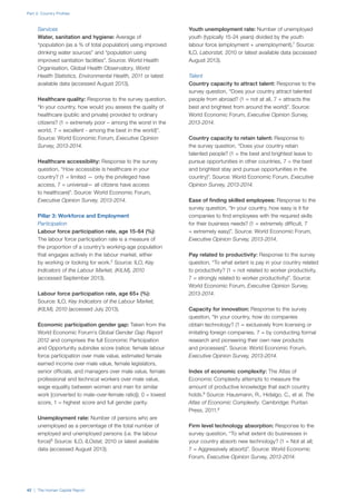 Part 2: Country Profiles
42 | The Human Capital Report
Services
	 Water, sanitation and hygiene: Average of
“population (as a % of total population) using improved
drinking water sources” and “population using
improved sanitation facilities”. Source: World Health
Organisation, Global Health Observatory, World
Health Statistics, Environmental Health, 2011 or latest
available data (accessed August 2013).
	 Healthcare quality: Response to the survey question,
“In your country, how would you assess the quality of
healthcare (public and private) provided to ordinary
citizens? (1 = extremely poor – among the worst in the
world, 7 = excellent - among the best in the world)”.
Source: World Economic Forum, Executive Opinion
Survey, 2013-2014.
	 Healthcare accessibility: Response to the survey
question, “How accessible is healthcare in your
country? (1 = limited — only the privileged have
access, 7 = universal— all citizens have access
to healthcare)”. Source: World Economic Forum,
Executive Opinion Survey, 2013-2014.
Pillar 3: Workforce and Employment
Participation
	 Labour force participation rate, age 15-64 (%):
The labour force participation rate is a measure of
the proportion of a country’s working-age population
that engages actively in the labour market, either
by working or looking for work.5
Source: ILO, Key
Indicators of the Labour Market, (KILM), 2010
(accessed September 2013).
	 Labour force participation rate, age 65+ (%):
Source: ILO, Key Indicators of the Labour Market,
(KILM), 2010 (accessed July 2013).
	 Economic participation gender gap: Taken from the
World Economic Forum’s Global Gender Gap Report
2012 and comprises the full Economic Participation
and Opportunity subindex score (ratios: female labour
force participation over male value, estimated female
earned income over male value, female legislators,
senior officials, and managers over male value, female
professional and technical workers over male value,
wage equality between women and men for similar
work [converted to male-over-female ratio]); 0 = lowest
score, 1 = highest score and full gender parity.
	 Unemployment rate: Number of persons who are
unemployed as a percentage of the total number of
employed and unemployed persons (i.e. the labour
force)6
Source: ILO, ILOstat, 2010 or latest available
data (accessed August 2013).
	 Youth unemployment rate: Number of unemployed
youth (typically 15-24 years) divided by the youth
labour force (employment + unemployment).7
Source:
ILO, Laborstat, 2010 or latest available data (accessed
August 2013).
Talent
	 Country capacity to attract talent: Response to the
survey question, “Does your country attract talented
people from abroad? (1 = not at all, 7 = attracts the
best and brightest from around the world)”. Source:
World Economic Forum, Executive Opinion Survey,
2013-2014.
	 Country capacity to retain talent: Response to
the survey question, “Does your country retain
talented people? (1 = the best and brightest leave to
pursue opportunities in other countries, 7 = the best
and brightest stay and pursue opportunities in the
country)”. Source: World Economic Forum, Executive
Opinion Survey, 2013-2014.
	 Ease of finding skilled employees: Response to the
survey question, “In your country, how easy is it for
companies to find employees with the required skills
for their business needs? (1 = extremely difficult, 7
= extremely easy)”. Source: World Economic Forum,
Executive Opinion Survey, 2013-2014.
	 Pay related to productivity: Response to the survey
question, “To what extent is pay in your country related
to productivity? (1 = not related to worker productivity,
7 = strongly related to worker productivity)”. Source:
World Economic Forum, Executive Opinion Survey,
2013-2014.
	 Capacity for innovation: Response to the survey
question, “In your country, how do companies
obtain technology? (1 = exclusively from licensing or
imitating foreign companies, 7 = by conducting formal
research and pioneering their own new products
and processes)”. Source: World Economic Forum,
Executive Opinion Survey, 2013-2014.
	 Index of economic complexity: The Atlas of
Economic Complexity attempts to measure the
amount of productive knowledge that each country
holds.8
Source: Hausmann, R., Hidalgo, C., et al. The
Atlas of Economic Complexity. Cambridge: Puritan
Press, 2011.9
	 Firm level technology absorption: Response to the
survey question, “To what extent do businesses in
your country absorb new technology? (1 = Not at all;
7 = Aggressively absorb)”. Source: World Economic
Forum, Executive Opinion Survey, 2013-2014.
 