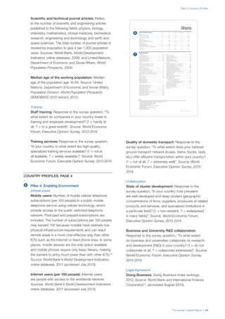 Part 2: Country Profiles
The Human Capital Report | 43
	 Scientific and technical journal articles: Refers
to the number of scientific and engineering articles
published in the following fields: physics, biology,
chemistry, mathematics, clinical medicine, biomedical
research, engineering and technology and earth and
space sciences. The total number of journal articles is
divided by population to give a per 1,000 population
value. Sources: World Bank, World Development
Indicators online database, 2009, and United Nations,
Department of Economic and Social Affairs, World
Population Prospects, 2009.
	 Median age of the working population: Median
age of the population age 15-64. Source: United
Nations, Department of Economic and Social Affairs,
Population Division: World Population Prospects
DEMOBASE 2010 extract, 2013.
Training
	 Staff training: Response to the survey question, “To
what extent do companies in your country invest in
training and employee development? (1 = hardly at
all, 7 = to a great extent)”. Source: World Economic
Forum, Executive Opinion Survey, 2013-2014.
	 Training services: Response to the survey question,
“In your country, to what extent are high-quality,
specialized training services available? (1 = not at
all available, 7 = widely available )”. Source: World
Economic Forum, Executive Opinion Survey, 2013-2014.
COUNTRY PROFILES: PAGE 4
	 Pillar 4: Enabling Environment
Infrastructure
	 Mobile users: Number of mobile cellular telephone
subscriptions (per 100 people) to a public mobile
telephone service using cellular technology, which
provide access to the public switched telephone
network. Post-paid and prepaid subscriptions are
included. The number of subscriptions per 100 people
may exceed 100 because mobiles have relatively low
physical infrastructure requirements and can reach
remote areas in a more cost-effective way than other
ICTs such as the Internet or fixed phone lines. In some
places, mobile devices are the only option available
and mobile phones require only basic literacy, making
the barriers to entry much lower than with other ICTs.10
Source: World Bank’s World Development Indicators
online database, 2011 (accessed July 2013).
	 Internet users (per 100 people): Internet users
are people with access to the worldwide network.
Sources: World Bank’s World Development Indicators
online database, 2011 (accessed July 2013).
	 Quality of domestic transport: Response to the
survey question, “To what extent does your national
ground transport network (buses, trains, trucks, taxis,
etc.) offer efficient transportation within your country?
(1 = not at all, 7 = extremely well)”. Source: World
Economic Forum, Executive Opinion Survey, 2013-
2014.
Collaboration
	 State of cluster development: Response to the
survey question, “In your country, how prevalent
are well-developed and deep clusters (geographic
concentrations of firms, suppliers, producers of related
products and services, and specialized institutions in
a particular field)? (1 = non-existent, 7 = widespread
in many fields)”. Source: World Economic Forum,
Executive Opinion Survey, 2013-2014.
	 Business and University R&D collaboration:
Response to the survey question, “To what extent
do business and universities collaborate on research
and development (R&D) in your country? (1 = do not
collaborate at all, 7 = collaborate extensively)”. Source:
World Economic Forum, Executive Opinion Survey,
2013-2014.
Legal framework
	 Doing Business: Doing Business Index rankings,
2012. Source: World Bank and International Finance
Corporation11
, (accessed August 2013).
The Human Capital Index 2013 | 4
2.1: Country Profiles
NOTES
In the sections for Pillar 1, Pillar 2, Pillar 3 and Pillar 4, values under Country Value, Sample Minimum and Sample Maximum refer to underlying data for each variable.
For further details and explanations, please refer to the section “How to Read the Country Profiles”.
1 Survey data responses on a 1- to 7-scale (1 = worst score, 7 = best score)
2 Data on a 0- to 1-scale (0 = worst score, 1 = best score)
3 Data from -1.960 (worst score) to 2.367 (best score)
4 Rank number on a list of 185 countries
5 Index on a scale of 0 (perfect inequality) to 100 (perfect equality)
6 International test scores
7 Perception survey data. Percentage of yes responses.
8 Score (1 = best, 7 = worst)
9 Reported in relation to UK score (100)
Albania
Pillar 4: Enabling Environment Rank/122 Z-Score Country Value Sample Minimum Sample Maximum
Infrastructure
Mobile users (per 100 people) ..............................................................83.......................–0.314........................ 96...........................17 .........................191
Internet users (per 100 people).............................................................52.........................0.184........................ 49.............................1 ...........................95
Quality of domestic transport1 ............................................................105.......................–0.915..................... 3.67........................2.08 ........................6.51
Collaboration
State of cluster development1 ............................................................121.......................–1.964..................... 2.49........................2.33 ........................5.49
Business and university R&D collaboration1........................................117.......................–1.339..................... 2.58........................2.11 ........................5.84
Legal framework
Doing Business Index4 .........................................................................67.......................–0.098........................ 85.............................1 .........................180
Social safety net protection1.................................................................75.......................–0.519..................... 3.22........................2.10 ........................6.26
Intellectual property protection and property rights1............................113.......................–1.199..................... 2.87........................1.62 ........................6.31
Social mobility
Social mobility1...................................................................................121.......................–1.706..................... 2.85........................2.78 ........................6.36
Additional indicators
Demographics Value
Child dependency ratio (%)..................................................................... 34.0
Aged dependency ratio (%) .................................................................... 15.1
Fertility rate (births per woman)................................................................. 1.8
Sex ratio at birth (female/male) ............................................................... 0.90
Population below age 20 (%).................................................................. 32.5
Population above age 60 (%).................................................................. 14.2
Education
Public spending on education (% of GDP)................................................ 3.3
Technical/vocational enrolment as % of total
enrolment in secondary school ............................................................. 5
Adult literacy (%)..................................................................................... 96.8
Boys not in primary school (%).................................................................... 2
Girls not in primary school (%)..................................................................... 5
Education poverty (% of children age 17-22
with less than 2-4 years schooling)................................................ 0.019
Private enrolment in primary school (% of primary) ................................... 5.4
Private enrolment in secondary school (% of secondary).......................... 6.6
PIRLS6 .......................................................................................................—
PISA math scores6 .................................................................................. 377
PISA reading scores6............................................................................... 385
PISA science scores6 .............................................................................. 391
TIMSS 4th grade math6..............................................................................—
TIMSS 4th grade science6..........................................................................—
TIMSS 8th grade math6..............................................................................—
TIMSS 8th grade science6..........................................................................—
Health
Prevalence of visual impairment (%).......................................................... 2.2
Public spending on health (% of GDP)...................................................... 6.3
Business impact of heart disease1.......................................................... 5.77
Business impact of cancer1.................................................................... 5.78
Business impact of mental illness1.......................................................... 6.01
Business impact of diabetes1 ................................................................. 5.92
Business impact of chronic respiratory disease1..................................... 5.88
Business impact of HIV/AIDS1................................................................ 6.25
Business impact of tuberculosis1............................................................ 6.28
Business impact of malaria1 ................................................................... 6.32
Society Value
Freedom in the World8................................................................................. 3
Democracy Index (rank/165)...................................................................... 90
Population living in urban area (%).......................................................... 54.4
Gini Index (income)5................................................................................ 34.5
Accessibility of digital content1 ............................................................... 4.10
Extent of virtual social networks use1 ..................................................... 5.05
Workforce
Economic activity (agriculture) — % of total activity ................................ 44.1
Economic activity (industry) — % of total activity.................................... 19.9
Economic activity (services) — % of total activity.................................... 36.0
GDP per person employed (US$) ....................................................... 15,324
Cooperation in labour-employer relations1 .............................................. 4.73
Emigration rate of the tertiary educated (%)............................................ 17.5
Labour force with tertiary education (%) ................................................... 7.9
Number of patent applications (per 1,000 people).............................. 0.0035
Hiring and firing practices1...................................................................... 4.41
Retirement age, male .................................................................................—
Retirement age, female...............................................................................—
Number of informal sector workers (1,000s)...............................................—
Total employed (1,000s) ....................................................................... 1,161
Total unemployed (1,000s)....................................................................... 185
Unemployment for 12 months or more
as a % of total unemployment ......................................................... 65.5
Total youth not in education or employment (1,000s) ........................... 187.5
Unemployment for 12 months or more (1,000s) ................................... 121.3
Global Innovation Index (rank/142) ............................................................ 93
Global Talent Index (rank/60) ......................................................................—
Quality of Labour Force (rank/60) ...............................................................—
Talent Environment (rank/60) ......................................................................—
IQ measure9 ........................................................................................... 82.9
 