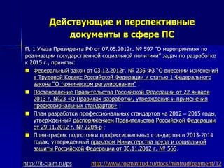 Действующие и перспективные
документы в сфере ПС
П. 1 Указа Президента РФ от 07.05.2012г. № 597 “О мероприятиях по
реализации государственной социальной политики” задач по разработке
к 2015 г., приняты:
 Федеральный закон от 03.12.2012г. № 236-ФЗ “О внесении изменений
в Трудовой Кодекс Российской Федерации и статью 1 Федерального
закона “О техническом регулировании” ;
 Постановление Правительства Российской Федерации от 22 января
2013 г. №23 «О Правилах разработки, утверждения и применения
профессиональных стандартов» ;
 План разработки профессиональных стандартов на 2012 – 2015 годы,
утвержденный распоряжением Правительства Российской Федерации
от 29.11.2012 г. № 2204-р ;
 План-график подготовки профессиональных стандартов в 2013-2014
годах, утвержденный приказом Министерства труда и социальной
защиты Российской Федерации от 30.11.2012 г. № 565.
http://www.rosmintrud.ru/docs/mintrud/payment/12http://it-claim.ru/ps
 