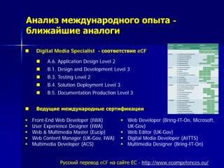 Анализ международного опыта -
ближайшие аналоги
 Digital Media Specialist - соответствие eCF
 A.6. Application Design Level 2
 B.1. Design and Development Level 3
 B.3. Testing Level 2
 B.4. Solution Deployment Level 3
 B.5. Documentation Production Level 3
 Ведущие международные сертификации
 Front-End Web Developer (IWA)
 User Experience Designer (IWA)
 Web & Multimedia Master (Eucip)
 Web Content Manager (UK-Gov, IWA)
 Multimedia Developer (ACS)
 Web Developer (Bring-IT-On, Microsoft,
UK-Gov)
 Web Editor (UK-Gov)
 Digital Media Developer (AITTS)
 Multimedia Designer (Bring-IT-On)
Русский перевод eCF на сайте ЕС - http://www.ecompetences.eu/
 