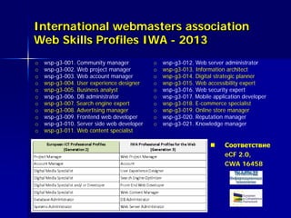 International webmasters association
Web Skills Profiles IWA - 2013
 Соответствие
eCF 2.0,
CWA 16458
o wsp-g3-001. Community manager
o wsp-g3-002. Web project manager
o wsp-g3-003. Web account manager
o wsp-g3-004. User experience designer
o wsp-g3-005. Business analyst
o wsp-g3-006. DB administrator
o wsp-g3-007. Search engine expert
o wsp-g3-008. Advertising manager
o wsp-g3-009. Frontend web developer
o wsp-g3-010. Server side web developer
o wsp-g3-011. Web content specialist
o wsp-g3-012. Web server administrator
o wsp-g3-013. Information architect
o wsp-g3-014. Digital strategic planner
o wsp-g3-015. Web accessibility expert
o wsp-g3-016. Web security expert
o wsp-g3-017. Mobile application developer
o wsp-g3-018. E-commerce specialist
o wsp-g3-019. Online store manager
o wsp-g3-020. Reputation manager
o wsp-g3-021. Knowledge manager
 