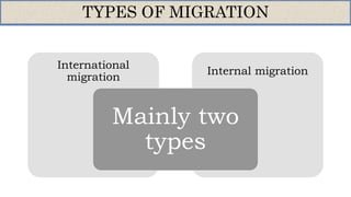 Internal migration
International
migration
Mainly two
types
TYPES OF MIGRATION
 