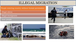 People entering country without formal permission.
- illegal aliens
- illegal immigrants
- boat people
ILLEGAL MIGRATION
 