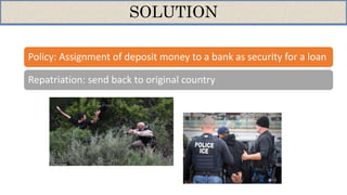 Policy: Assignment of deposit money to a bank as security for a loan
Repatriation: send back to original country
SOLUTION
 