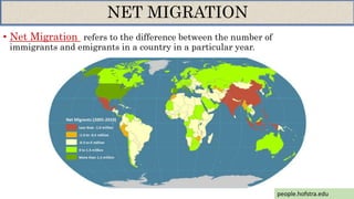• Net Migration refers to the difference between the number of
immigrants and emigrants in a country in a particular year.
NET MIGRATION
people.hofstra.edu
 