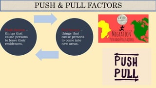 Push factors –
things that
cause persons
to leave their
residences.
Pull factors –
things that
cause persons
to come into
new areas.
PUSH & PULL FACTORS
 