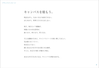 ブランドメッセージ
キャンパスを積もう。
残念ながら、人はいきなり成功できない。
はじめから、世界とたたかえはしない。
何千、何万という鍛錬が、
何億にものぼる思考が、
血となり、肉となり、骨となる。
そんな挑戦のために、キャンパスノートを使い倒してほしい。
気は張らなくていい。
形式なんてない。
頭にあるものをそのまま落とせる場所。
そこに、あなたの想いが確かに残る。
あなたがひたむきになる。キャンパスが積みあがる。
4
 