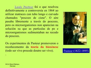 Louis Pasteur foi o que resolveu
definitivamente a controversia en 1864 ao
utilizar matraces cun tubo longo e curvado
chamados "pescozo de cisne". O aire
pasaba libremente a través do pescozo,
pero os microorganismos non aparecían na
solución xa que as partículas de po e
microorganismos sedimentaban no recodo
do pescozo.
Os experimentos de Pasteur promoveron o
recoñecemento da teoría da bioxénese
(todo ser vivo procede doutro ser vivo).
.

I.E.S. Otero Pedrayo.
Ourense

Pasteur (1822-1895)

 