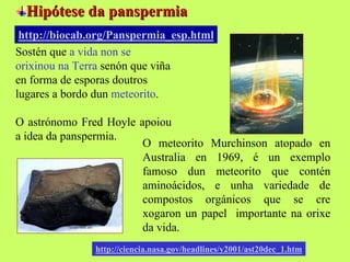 Hipótese da panspermia
http://biocab.org/Panspermia_esp.html
Sostén que a vida non se
orixinou na Terra senón que viña
en forma de esporas doutros
lugares a bordo dun meteorito.
O astrónomo Fred Hoyle apoiou
a idea da panspermia.
O meteorito Murchinson atopado en
Australia en 1969, é un exemplo
famoso dun meteorito que contén
aminoácidos, e unha variedade de
compostos orgánicos que se cre
xogaron un papel importante na orixe
da vida.
http://ciencia.nasa.gov/headlines/y2001/ast20dec_1.htm

 